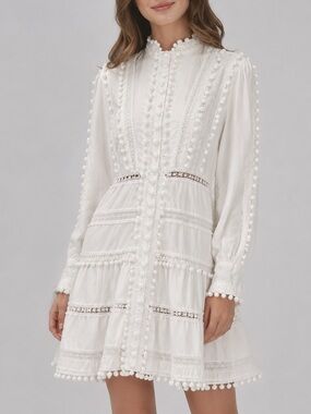 🆕🥥 Layered With Love White Pom Pom Lace Trim Mini Dress XL Boho Cottagecore